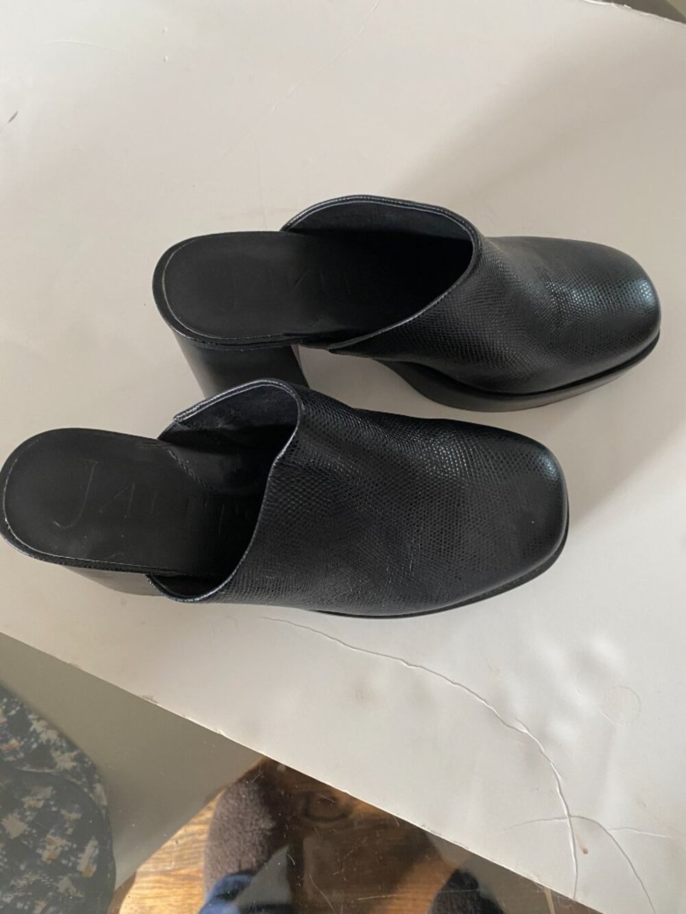 Eric Javits Mule Clogs 9 Black Leather Lizard Genevieve Heeled Non Skid - Picture 5 of 5